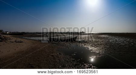 Panorama of Berbera port and beach with boats, Somalia