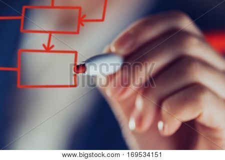 Businesswoman drawing decision tree algorithm for business analysis close up of hand with felt tip pen marker
