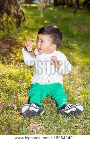 A Small Asian Child Plays In The Park Sitting On The Grass