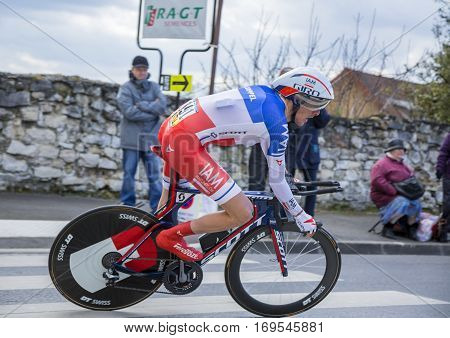 Conflans-Sainte-HonorineFrance-March 62016: The French cyclist Jerome Coppel of IAM Cycling Team riding during the prologue stage of Paris-Nice 2016.