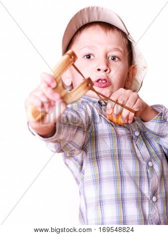 Young Boy Use Sling Shot Shoot Mandarine.