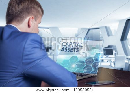 Business, Technology, Internet And Network Concept. Business Man Working On The Tablet Of The Future