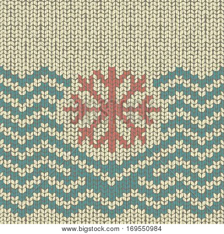 Zigzag knitted pattern with snowflake embroidery, fabric wool textile, vector illustration