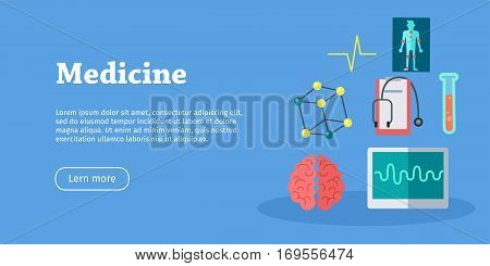 Medicine science banner. Medical flasks and bottles, medicinal substances, preparations, devices, equipment elements. Scientific treatment concept. Health care. Vector illustration in flat style