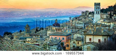 Dawn over medieval town Assisi. Landmarks of Italy, Umbria