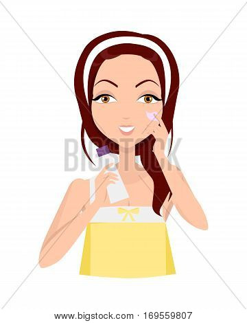 Cleansing. Girl clean her face with lotion. Cleaning with help of sponge. Woman instruction how to make up correctly. Girl cares about her look. Part of series of face care. Vector illustration