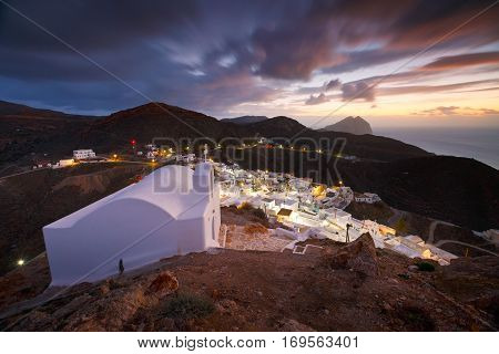 Small traditional church over Chora village on Anafi island.