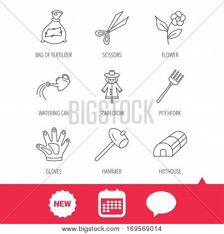 Hammer, hothouse and watering can icons. Bag of fertilizer, scissors and flower linear signs. Hammer, scarecrow and pitchfork flat line icons. New tag, speech bubble and calendar web icons. Vector