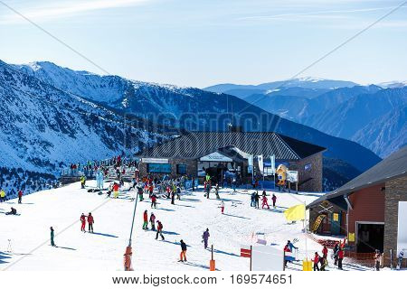 Grandvalira Andorra - January 05 2017: People are resting in the ski resort of Andorra in the mountains