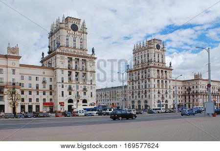 Two towers on the city gate Railway Square April 26 2005 in Belarus; editorial