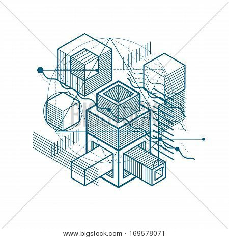 Isometric abstract background with linear dimensional shapes vector 3d mesh elements. Composition of cubes hexagons squares rectangles and different abstract elements.