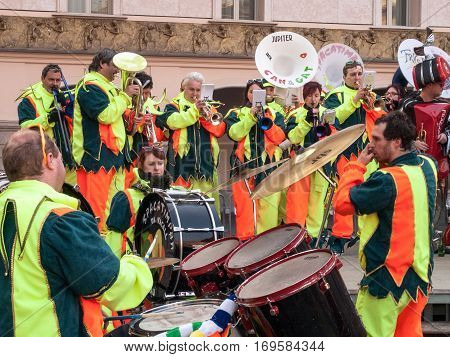 Guggenmusic Fracassband Sounds In The Town Hall Square And The Streets In Celebration.