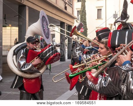 Guggenmusic Fracassband Sounds In The Town Hall Square And The Streets In Celebration.