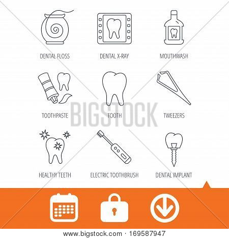 Dental floss, tooth and implant icons. Mouthwash, x-ray and toothpaste linear signs. Electric toothbrush. Download arrow, locker and calendar web icons. Vector