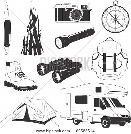 Camping set with things to travel with isolated vector illustration, items collection for camping, hiking and recreation activity, things for tourism, tourist tent, compass, equipment