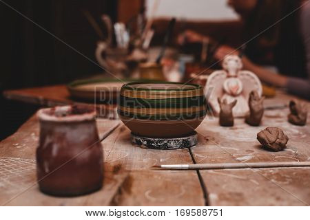 Creative studio potter, Handmade objects on a wooden table