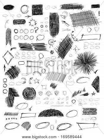 Pencil sketches. Hand drawn scribble shapes. A set of doodle line drawings. Vector design elements. Hatching with a pencil in vector