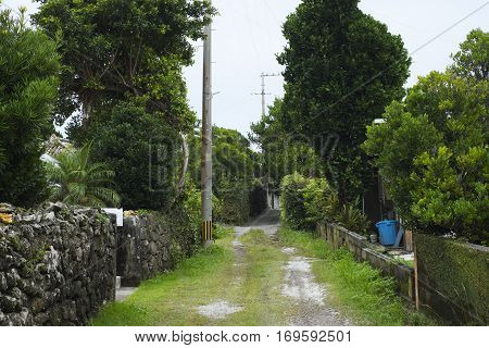 Road of residential area not paved on remote island of Okinawa