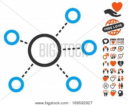 Virtual Connections icon with bonus romantic design elements. Vector illustration style is flat iconic elements for web design app user interfaces.