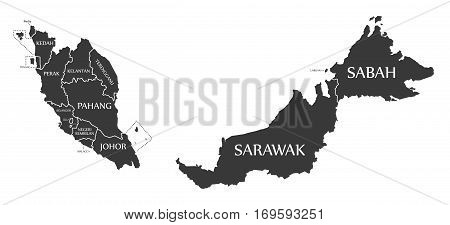 Malaysia Map labelled black illustration mainland silhouette