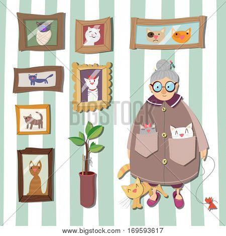 Cat Lady set. Cartoon style character and objects for illustration building