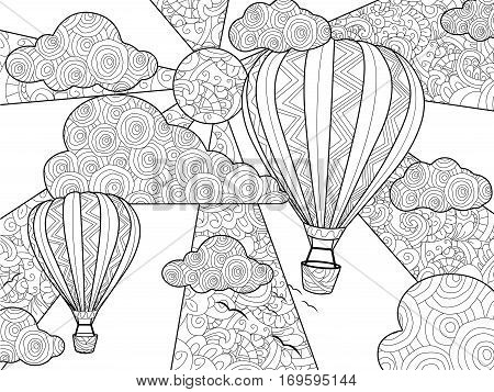 Aeronautic balloon coloring book for adults vector illustration. Anti-stress coloring for adult. Zentangle style. Black and white lines. Lace pattern