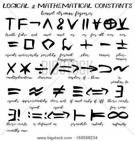 Hand drawn signs written black figures of logical and mathematical constants in grunge technique. Vector illustration