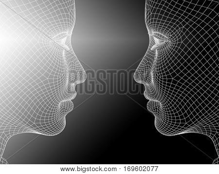 Concept conceptual 3D illustration wireframe young human female woman face or head on black and white background for technology, cyborg, digital, virtual, avatar, model, science, love relation future