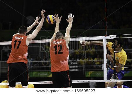 Rio Brazil. August 09 2016. Volleyball men - VIGRASS Graham and SCHMITT Gavin SCHMITT during Brazil (BRA) vs Canada (CAN) at the 2016 Summer Olympic Games in Maracanazinho