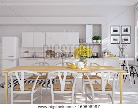 3D rendering of modern kitchen in a loft.