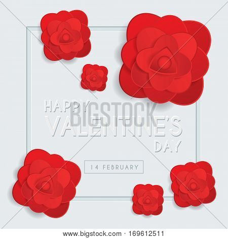 Happy Valentine's Day greeting card template with emboss text & red roses on white background. 14 february vector illustration.