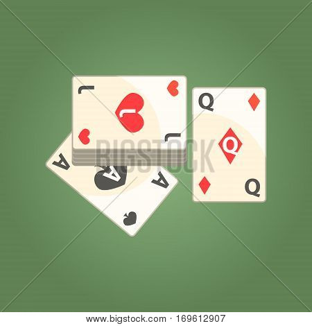 Three Playing Cards For Poker Game, Gambling And Casino Night Club Related Cartoon Illustration. Classic Las Vegas Gambling Club Cartoon Vector Drawing.