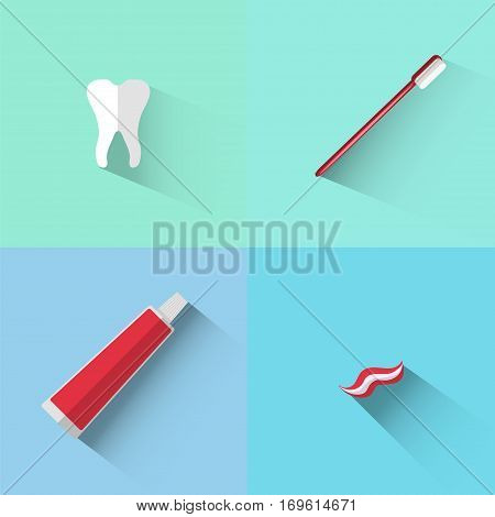 Objects of tooth, brush and paste in flat style