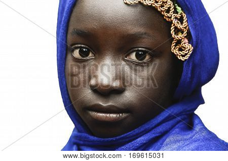 Sadness Symbol - Little African Girl Posing with a Blue Headscarf Isolated on White