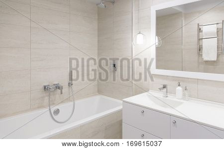 bathroom Interior. bathroom mirror with a Stand Mirror table