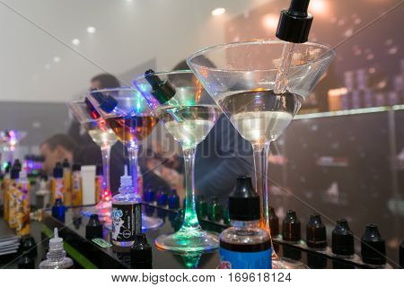 Moscow, Russia - December 9, 2016: Vapexpo Moscow 2016 exhibition which presents new modern vape gadgets, liquids and flawours