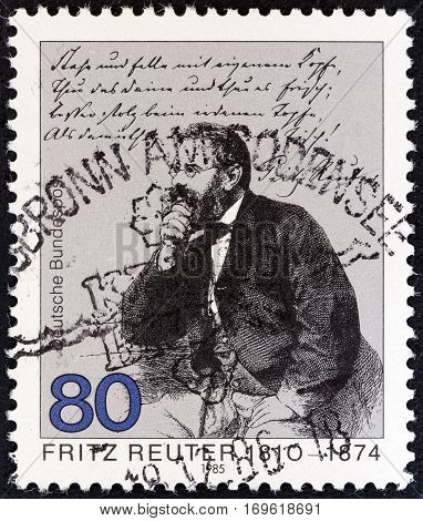 GERMANY - CIRCA 1985: A stamp printed in Germany issued for the 175th death anniversary of Fritz Reuter shows writer Fritz Reuter, circa 1985.