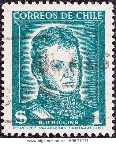 CHILE - CIRCA 1952: A stamp printed in Chile shows independence leader Bernardo O'Higgins Riquelme, circa 1952.