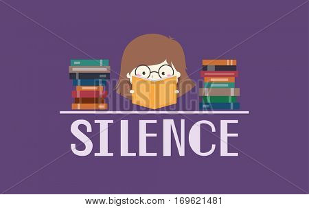 Illustration of a Nerdy Girl in Glasses Reading Books with the Word Silence Written Below Her