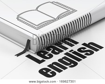 Education concept: closed book with Black Book icon and text Learn English on floor, white background, 3D rendering