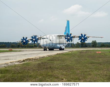 Kiev Region Ukraine - September 25 2008: Antonov An-70 turboprop cargo plane taxiing after a flight