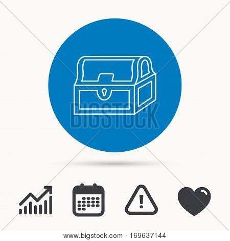 Treasure chest icon. Piratic treasury sign. Wealth symbol. Calendar, attention sign and growth chart. Button with web icon. Vector