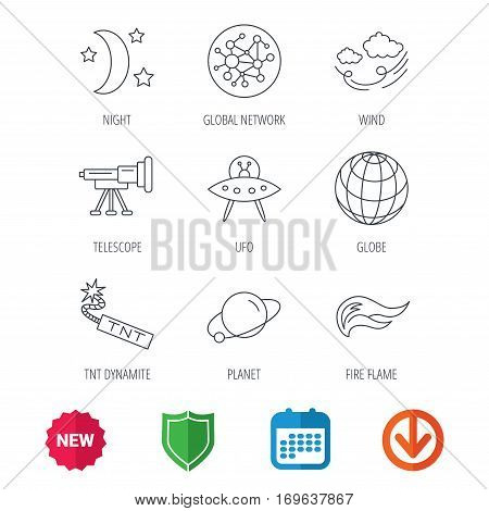 Ufo, planet and telescope icons. World, global network and night linear signs. TNT dynamite, fire flame and wind flat line icons. New tag, shield and calendar web icons. Download arrow. Vector