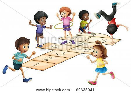 Kids playing hopscotch in the field illustration