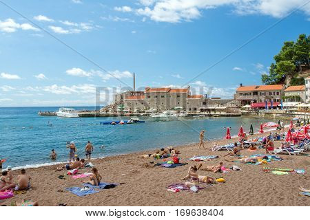 PETROVAC, MONTENEGRO - SEPTEMBER 20, 2016:The old town of Petrovac with an ancient fortress and a bay for tourist and fishing vessels, Montenegro.