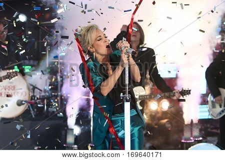 NEW YORK-DEC 31: Recording artist Carrie Underwood onstage during Dick Clark's New Year's Rockin' Eve at Times Square on December 31, 2015 in New York City.
