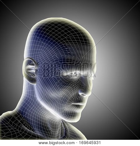 Concept conceptual 3D illustration wireframe young human male or man face or head glowing on gray background metaphor to technology, cyborg, digital, virtual, avatar, model, science, fiction, future