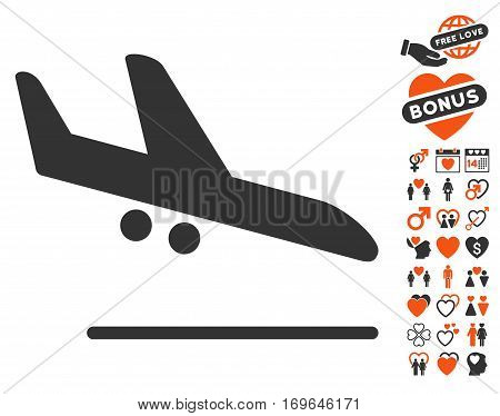 Aiplane Landing icon with bonus dating clip art. Vector illustration style is flat iconic elements for web design app user interfaces.