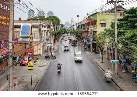 Bangkok, Thailand - January 9, 2016: Aerial view of Charoen Krung Road with traffic jams. It is a major road in Bangkok and the first in Thailand to be built using modern construction methods.