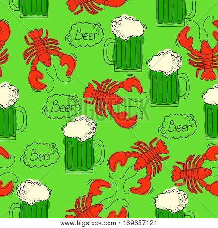 Happy St. Patrick's Day.  Green beer and red crub. Holiday seamless pattern.